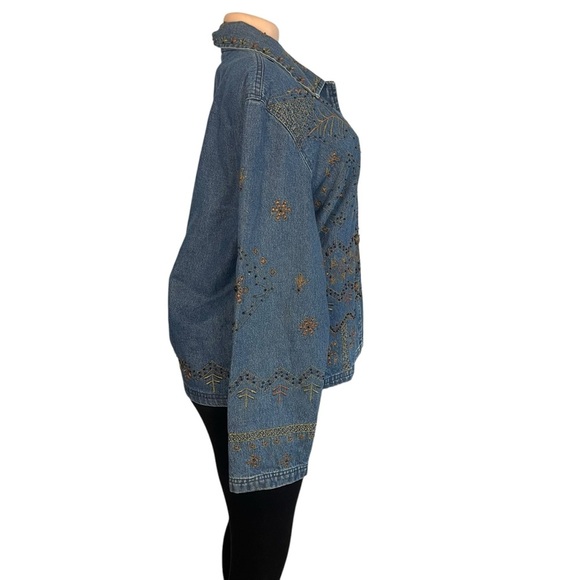 New Direction Vintage Denim Jacket Blue Embroidered Flowers Button Up - Picture 6 of 10